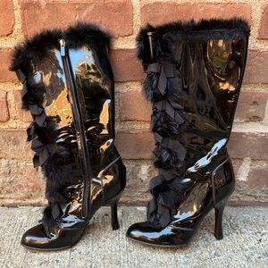 Vintage Louis Vuitton patent rabbit fur high black boots size 37